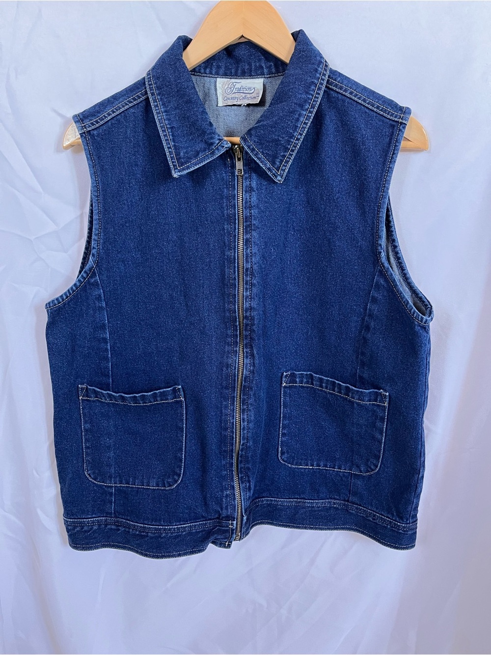 Tradition - Vintage Sleeveless Denim Zip Vest in Dark Blue